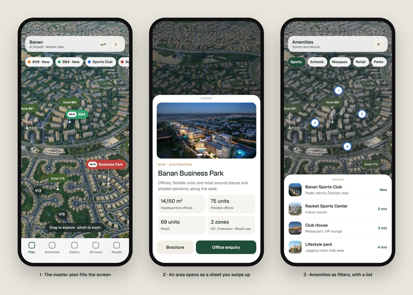 Three phone screens: the full-screen master plan, the Business Park sheet, and the amenities filter with a list